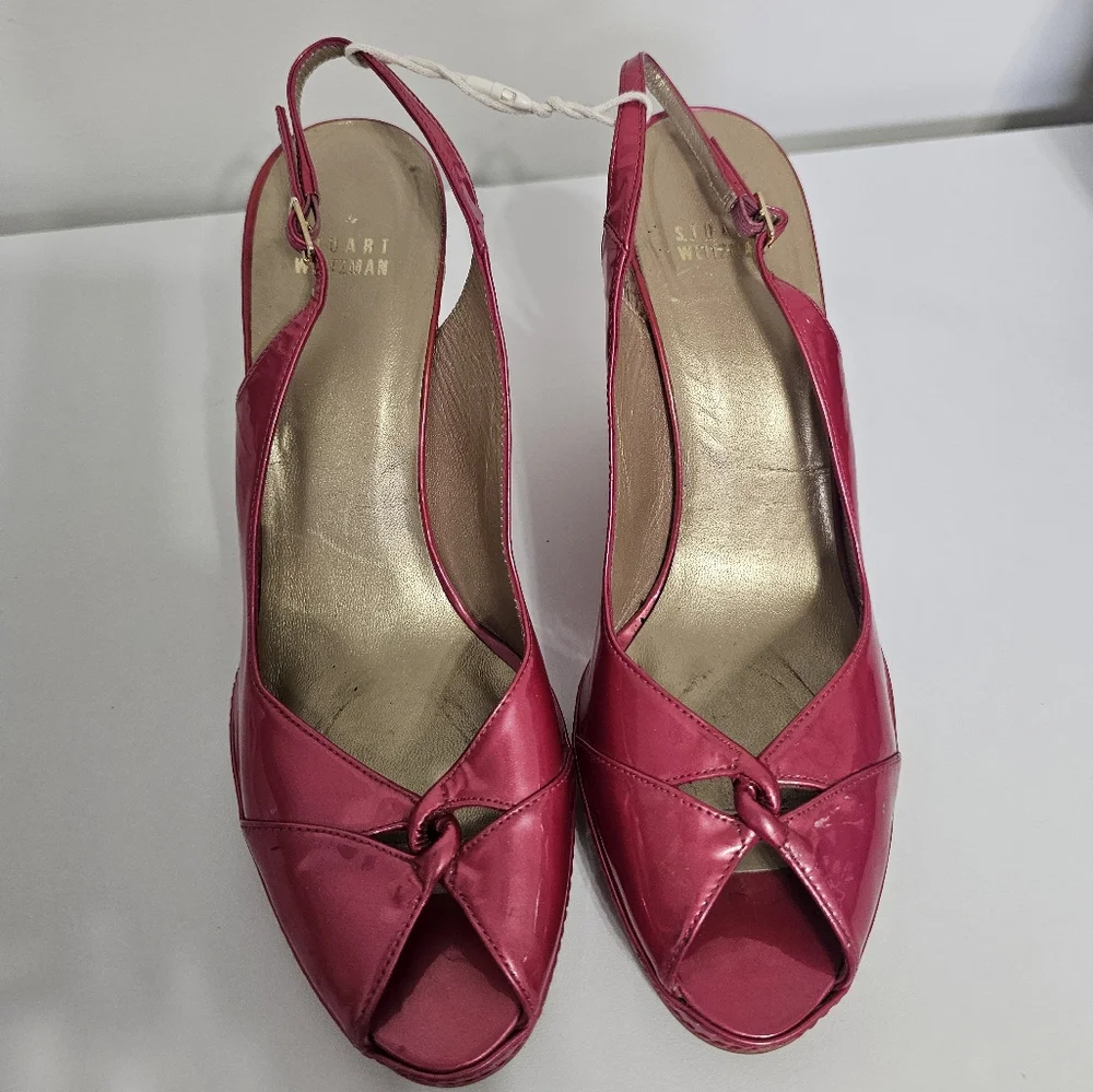 sz 9.5 M Stuart Weitzman Pink Tan Espadrille Wedge Sandals Slingback Patent - Picture 2 of 8